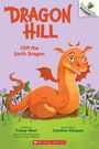 Der Text lautet: "DRAGON HILL, Cliff the Earth Dragon". Ein lachender oranger Drache mit Flügeln zwischen Blumen.