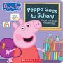 "Peppa Goes to School: A Lift-A-Flap Adventure!" steht auf einer Tafel; Peppa Wutz mit Rucksack lächelt fröhlich.