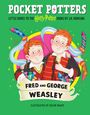 "POCKET POTTERS: FRED AND GEORGE WEASLEY. Illustrationen zeigen zwei lächelnde Jungs mit roten Haaren und Feuerwerkskörpern."