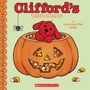 „Clifford's Trick or Treat“ und „A touch-and-feel story“. Ein roter Hund in einem Kürbis, mit Süßigkeiten und einer Spinne.