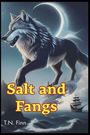 "Salt and Fangs" und "T.N. Finn". Illustration eines großen Wolfes unter einem leuchtenden Mond, nahe einem Segelschiff.