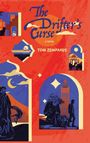 "The Drifter's Curse", "A Novel", "Tom Zompakos". Illustrationen: Figuren, Gebäude, Mond, Totenkopf auf einem orangenen Hintergrund.