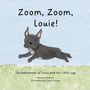 „Zoom, Zoom, Louie! The Adventures of Louie and His Little Legs“; Illustration eines fliegenden Hundes auf Rasen vor blauem Himmel.