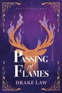 Text: „Seven Torches“, „Passing of Flames“, „Drake Law“. Illustration: Hirschgeweih in Flammen auf violettem Hintergrund.