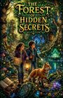 "THE FOREST OF HIDDEN SECRETS". Zwei Kinder mit Karte und Laterne im magischen Wald mit Fuchs, leuchtenden Kristallen und Tieren.