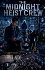 "The Midnight Heist Crew" oben. Detektiv mit Tablet, bewaffnete Personen, Stadt bei Nacht, Kriminallabor mit Beweisen.