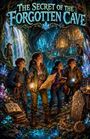 "THE SECRET OF THE FORGOTTEN CAVE" ist der Text. Eine Gruppe von Kindern erforscht eine geheimnisvolle, leuchtende Höhle.