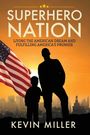 TEXT: SUPERHERO NATION – Living the American Dream. Eine Illustration mit Silhouetten von zwei Menschen vor einer Flagge.