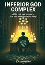 "INFERIOR GOD COMPLEX. AI is not our savior—it's our new bureaucracy." Ein Mann sitzt in einem Datenzentrum an einem Schreibtisch.