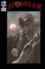 "The Howler" in roter Schrift. Illustration: Ein Werwolf heult vor einem vollen Mond und zeigt seine langen Krallen.