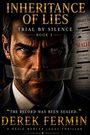 „INHERITANCE OF LIES“, ein mysteriöser Thriller-Romancover mit einem ernsthaften Mann im Vordergrund.