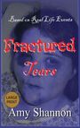 "Based on Real Life Events", "Fractured Tears", "Amy Shannon", goldener Kreis mit "Large Print"; Gesicht mit blauen Flecken.