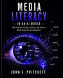 "MEDIA LITERACY IN AN AI WORLD" steht oben. Ein digitales Auge in Blau- und Lila-Tönen mit Wörtern wie "Ai", "Breaking News".