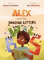 "Alex and the Dancing Letters" oben. Ein Kind liest ein Buch, umgeben von tanzenden Buchstaben mit Gesichtern.