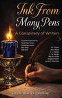 "Text: 'Ink From Many Pens: A Conspiracy of Writers'. Eine Hand schreibt mit einer Feder neben einer brennenden Kerze."