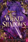 Text: "A Wizard Realms Novel", "The Wicked Shadows", "Arielle Cheshire". 
Illustration: Ein Schwert mit Edelstein, umgeben von goldenen Verzierungen auf violettem Hintergrund.