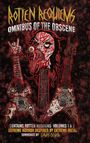 "ROTTEN REQUIEMS OMNIBUS OF THE OBSCENE." Eine groteske Illustration mit verzerrten Gesichtern und Gitarren.