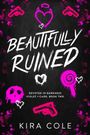 "Beautifully Ruined" in wilder, weißer Schrift auf schwarzem Hintergrund, dekoriert mit rosa Symbolen und Herzen.