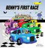 Text: "BENNY'S FIRST RACE", "Banana", "Grape", "Lime", "Benny", "Penny", "Monkey". Illustration von bunten Rennautos und Zuschauern.