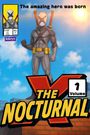 Der Text "The amazing hero was born. THE NOCTURNAL Volume 1." Ein Held in schwarzem Anzug mit Schwertern steht auf einem Dach.