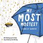 "MY MOST MOSTEST: A BOOK OF FAVORITES". Blaue Regenschirm-Illustration schützt vor fallenden gelben Makkaroni. Schüssel links.