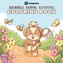 „Adorable Animal Activities Coloring Book“ steht oben. Unten tanzt ein Welpe mit einem Schmetterlingsnetz, umgeben von Blumen.