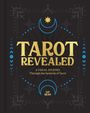 „TAROT REVEALED“ in Gold, blaue Halbmonde, Sterne, dekoratives Design, „Liz Dean“ am unteren Rand.