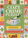 „COZY CRIME PUZZLES“, Stapel Bücher, Messer in Tasse, bunte Randmuster mit Verbrechensthemen.