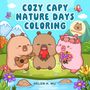 Text: “Cozy Capy Nature Days Coloring”, “Capyfun”, “Helen H. Wu”. Drei niedliche Kapybaras mit Blumen, Gitarre und Erdbeere.