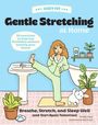„Gentle Stretching at Home“: Frau dehnt Bein am Waschbecken, putzt Zähne, trägt Pyjama, Pflanze und Hase daneben.