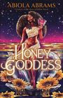 Abiola Abrams, Honey Goddess, A Novel. Eine Frau in einem Muschelboot hält Tarotkarten, umgeben von Sonneblumen und einem goldenen Meer.