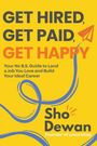 "GET HIRED, GET PAID, GET HAPPY" steht in Großbuchstaben. Darunter ein Papierflieger und schwungvolle blaue Linien.