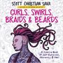 Text: "Curls, Swirls, Braids & Beards" und "A Coloring Book of Self-Expression, Humanity & Hair". Eine Illustration mit buntem Haarprofil.