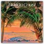„Florida Coast“, „2024 16 Month Calendar“. Sonnenuntergang am Meer mit Palmen, segelndem Schiff und Wellen an Felsen.
