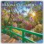 2024 Monet's Garden Kalender. Eine grüne Brücke umgeben von blühenden lila Blumen und Sonnenlicht im Hintergrund.