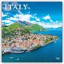 "ITALY 2024 16-Month Calendar." Küstenstadt mit bunten Häusern, Bergen im Hintergrund und blauem Meer.