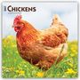 Text: "2027 Chickens. 16-Month Calendar." Ein braunes Huhn steht in einer Wiese voller gelber Blumen.