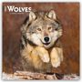 "2027 WOLVES 16-MONTH CALENDAR" oben links. Ein Wolf im Sprung über einen Baumstamm, mit einem intensiven Blick.