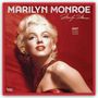 MARILYN MONROE. 2027 OFFICIAL 16-MONTH CALENDAR. Frau in rotem Kleid, blonde Haare, roter Hintergrund.