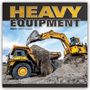 Text: "HEAVY EQUIPMENT 2027 16-MONTH CALENDAR." Gelber Bagger schüttet Erde in einen gelben Muldenkipper.