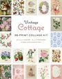 Text: "Vintage Cottage 36-Print Collage Kit". Bunte Illustrationen von Blumen, Tieren und Teetassen umgeben den Text.