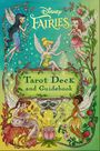 Text: "Disney Fairies Tarot Deck and Guidebook". Illustration mit sechs Feen und Pflanzenornamenten.