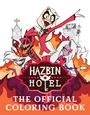 „Hazbin Hotel: The Official Coloring Book“, Illustration mit Cartoonfiguren vor flammendem Hintergrund.