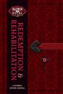 "HAZBIN HOTEL" Logo, Text: "REDEMPTION & REHABILITATION: A SINNER'S GUIDED JOURNAL", dunkelroter Hintergrund, verzierter Schlüssel.
