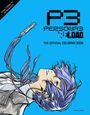 "P3 PERSONA 3 RELOAD, THE OFFICIAL COLORING BOOK." Illustration eines Charakters mit Kopfhörern und violettem Haar auf blauem Hintergrund.