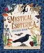 „Mystical Esoterica Sticker Book“ mit Skeletten, Pilzen, Raben, Katzen und einem Mond vor einem blauen Hintergrund.