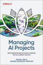 Titel: "Managing AI Projects". Untertitel: "Drive innovation and successfully navigate the full AI project lifecycle". Autoren: Malini Jain & Adrián González Sánchez. Illustration mit Blattformen und natürlicher Umgebung.