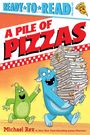 "A pile of pizzas" steht oben. Eine blaue Figur trägt viele Pizzakartons, begleitet von einer grünen Figur.