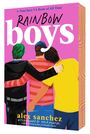 "Rainbow Boys" von Alex Sanchez. Illustration von drei Jungen von hinten, Arm in Arm, auf pinkem Hintergrund.