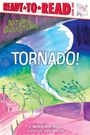 „READY TO READ, LEVEL ONE, TORNADO!“ in großen Buchstaben. Illustration eines Tornados in einer bunten Landschaft.